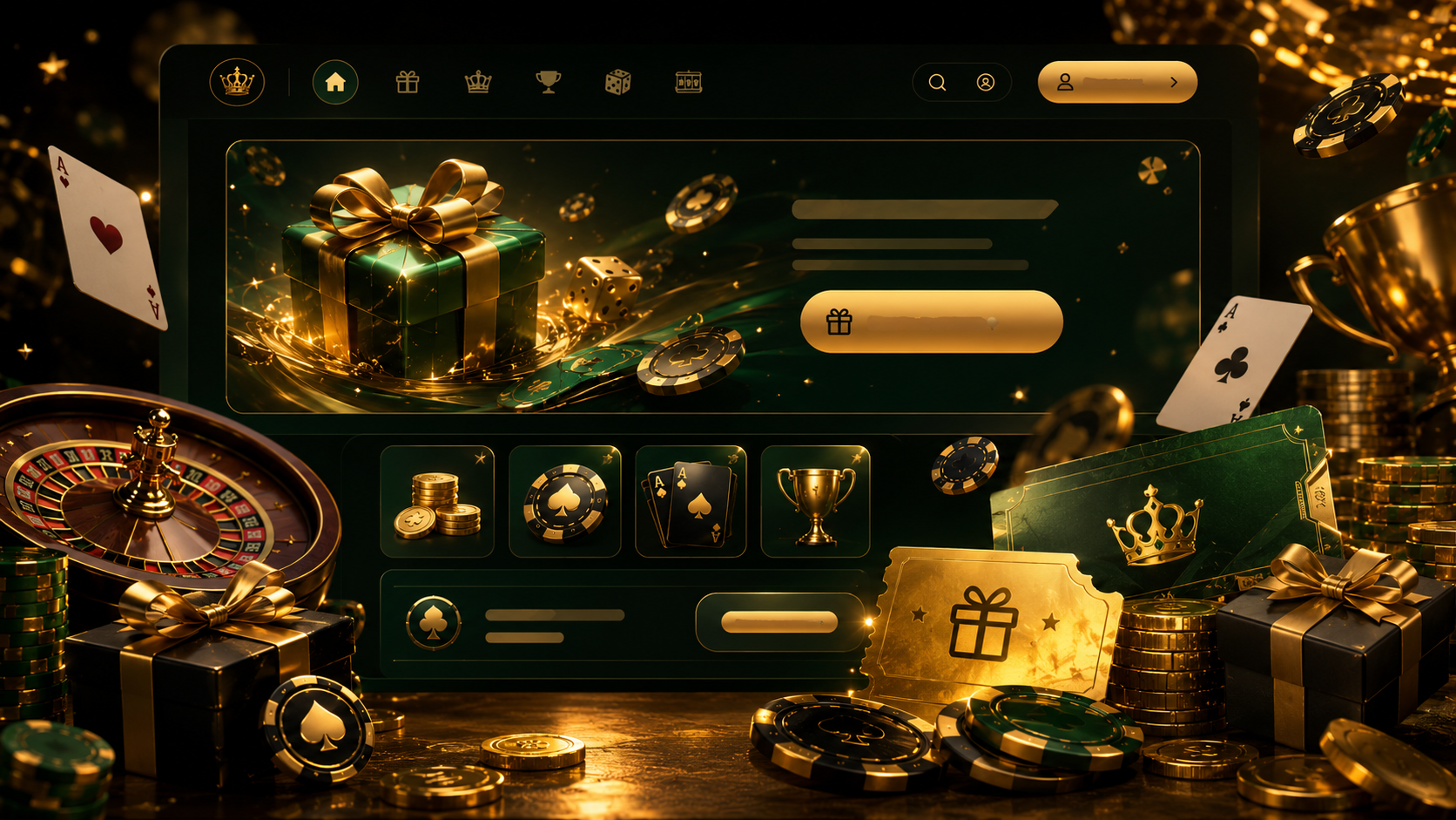 Dark green and gold Goa Game lobby prompt panel with cards chips and gifts
