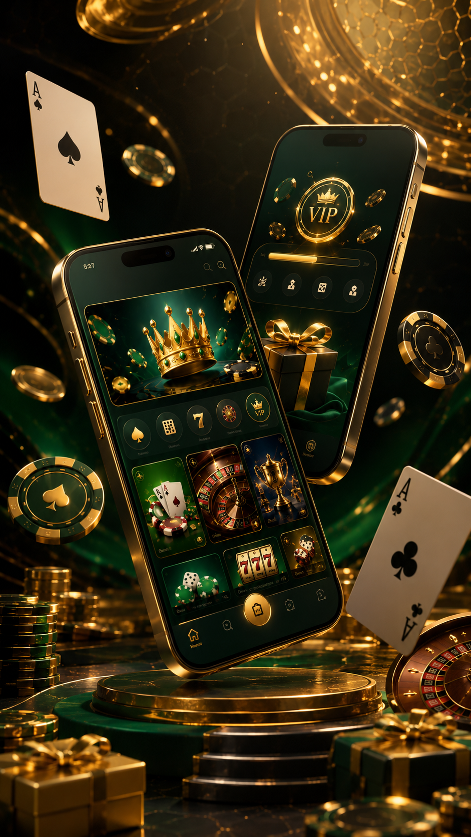 Vertical Goa Game VIP panel with two mobile screens and gold green lights